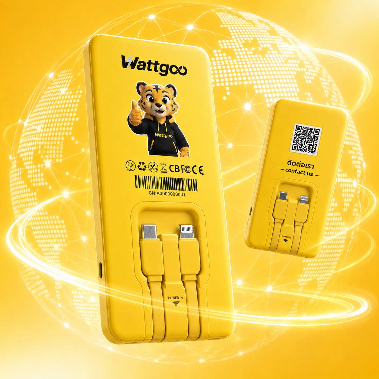 Yellow Wattgoo shared power banks with built-in charging cables